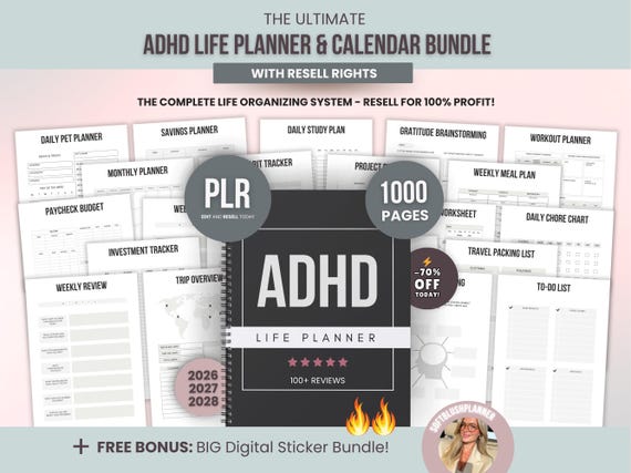 1000 ADHD Life Planner & Calendar Bundle PDF, Editable Canva Templates, Printable Productivity Journal, PLR Resell Rights.