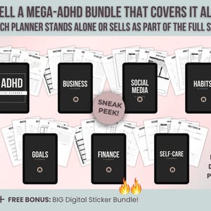 Preview of ADHD planner bundle sections including business, finance, habits, self-care, goals, and social media planners.