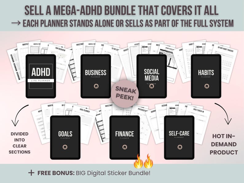 Preview of ADHD planner bundle sections including business, finance, habits, self-care, goals, and social media planners.