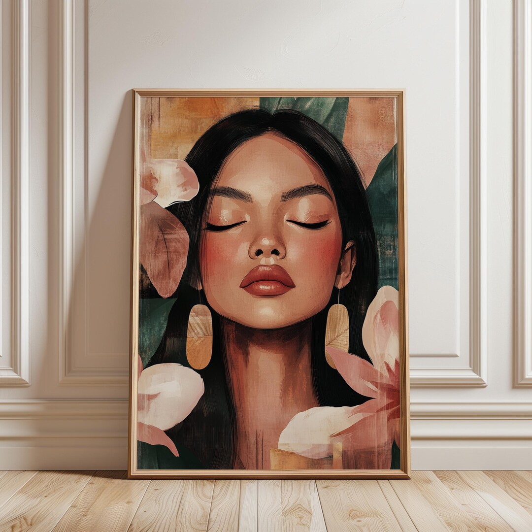 Printable Wall Art Modern Portrait Woman Abstract Floral Boho Living ...