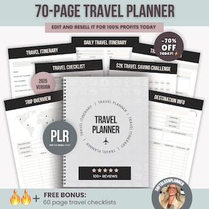 Könnte beinhalten: Ein 70-seitiger Reiseplaner mit Spiralbindung, mit einem Cover mit dem Text "Travel Planner" und einem Flugzeugsymbol. Der Planer enthält Abschnitte für Reiserouten, Checklisten und Zielinformationen. Der Text "Edit and Resell it for 100% Profits Today" ist ebenfalls vorhanden.
