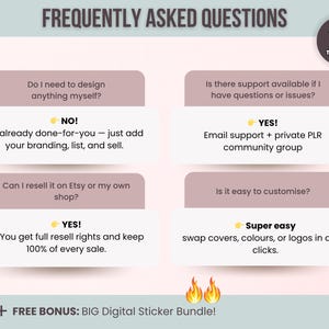 Frequently asked questions about the ADHD planner bundle, covering customization, resell rights, support, and ease of use.