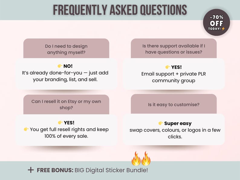 Frequently asked questions about the ADHD planner bundle, covering customization, resell rights, support, and ease of use.