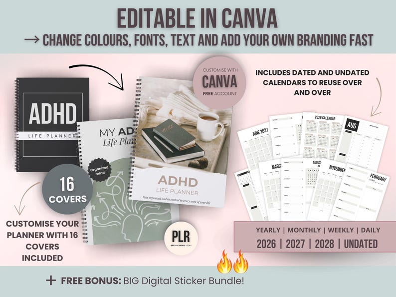 Step-by-step instructions on how to download, rebrand, and resell the editable ADHD planner bundle using Canva for profit.