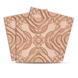 May include: Four square tiles featuring a repeating floral and geometric pattern in tan and brown hues. The tiles have a raised, textured design with a central flower motif and circular elements. The tiles are arranged to show the pattern.