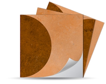 May include: A stack of square adhesive decals featuring a geometric design with a large dark brown circle on a light tan background. The top decal has a corner peeled back to reveal a white adhesive backing, showcasing the layered square format.