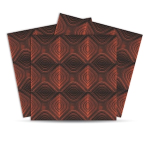 May include: Four square, textured paper sheets with a repeating pattern of stylized, eye-shaped designs in shades of red and brown. The sheets are arranged in a fan shape, with the top sheet slightly overlapping the others.