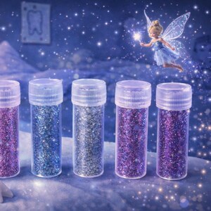 May include: Six small, clear bottles filled with purple, blue, and silver glitter. A ceramic tooth and gold coins are in the foreground. A fairy with a wand flies in the background, with a starry night scene.