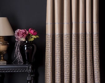 Tende con motivi geometrici jacquard beige, blu e oro / Tende di lusso su misura per soggiorni