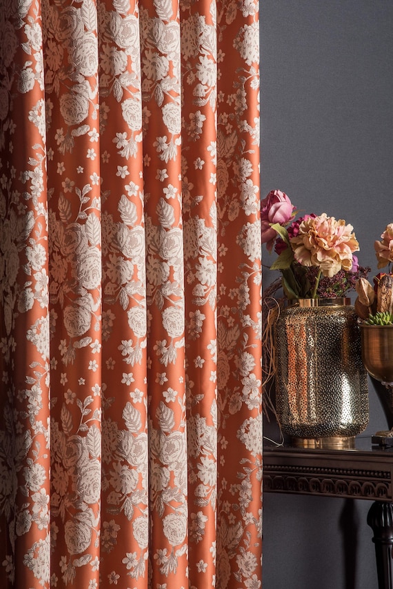 Terracotta Floral Jacquard Curtain Panel - Custom Made Drapes