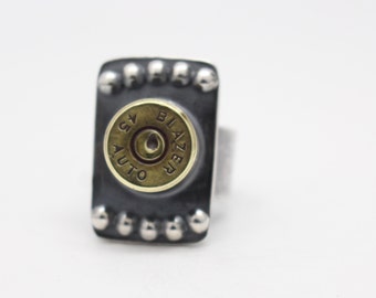 Sterling Silver and Brass 45 Bullet casing - Beaded ring Hand crafted Size 8-One of a kind