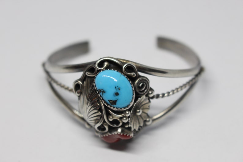 Sterling Silver Jessie Claw Navajo cuff bracelet Turquoise and coral Cuff