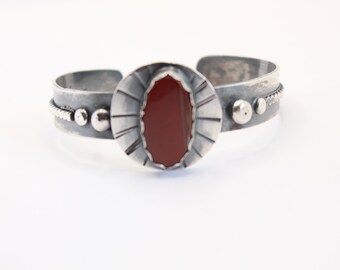 Sterling Silver and Red Jasper cuff bracelet- Hand-stamped  - one of the kind