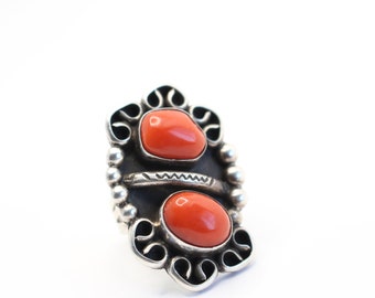 Sterling Silver Red Coral Vintage Ring, size  7 1/2