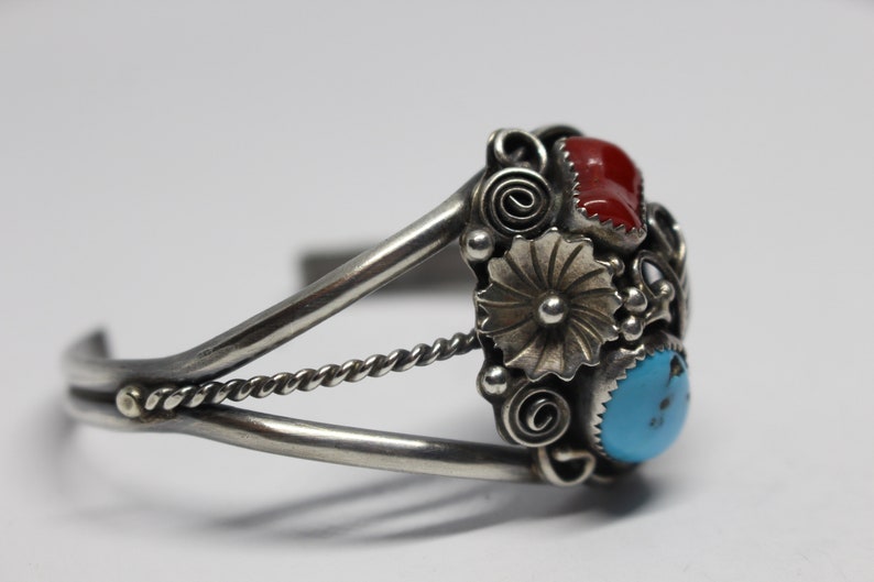 Sterling Silver Jessie Claw Navajo cuff bracelet Turquoise and coral Cuff