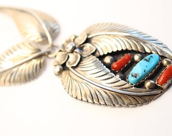 Sterling Silver Signed  Apachito Navajo Turquoise and Coral  Pendant Chain Necklacce