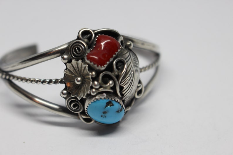 Sterling Silver Jessie Claw Navajo cuff bracelet Turquoise and coral Cuff