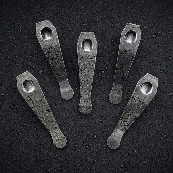 Damascus-Pattern Deep Carry Pocket Clip Compatible with Spyderco Para 3 Lightweight, Replacement EDC Clip