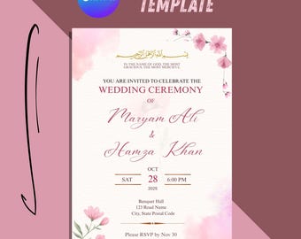 Nikkah Invitation Digital Invite | Digital Wedding Invitation Template | Muslim Editable Floral canva Tempelate | Muslim Invitation