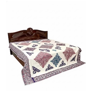 Beige Motif Harmony Applique Patchwork Bedsheet | Off-White 90x108 inches Cotton Bedspread