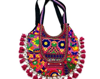 Bunte gestickte Motive Tasche mit Quasten | Boho Schultertasche