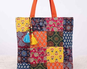 Ajrakh Mosaic Patchwork Tote Bag | Colorful Motifs Boho Shoulder Bag