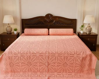Serene Geometric Applique Cutwork Bedsheet | Soft Cotton Bedspread