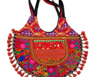 Colorful Embroidered Cotton Handbag | Boho Shoulder Tote Bag with Tassels