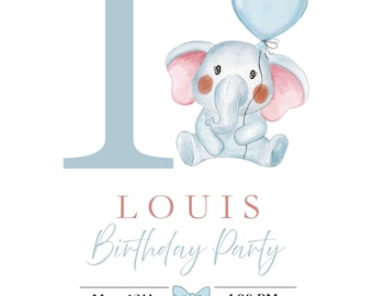 Blue Elephant First Party Invitation | Editable 1st Party Template | Baby Boy Digital Invite Printable
