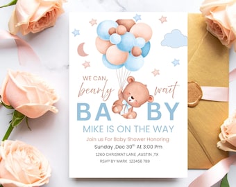 Bear Baby Shower Invitation, Baby Boy Shower Invite, Editable Canva Template, Teddy Bear Balloon Invite, Digital Download