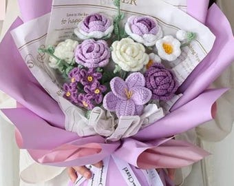 Handmade Crochet Rose Bouquet, Valentine Feb 14 Gift, Purple, Pink, Blue Mix, Unique Gift For Her, Birthday, Girlfriend, Wife, Mother’s Day.