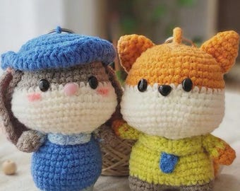 Judy and Nick Crochet Plush Set, Zootopia Amigurumi Bunny & Fox, Handmade Stuffed Toys, Kawaii Keychain, Cute Gift for Kids and Movie Fans