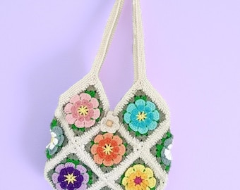 Crochet 3D Flower Granny Square Tote Bag - Cream Washed Cotton