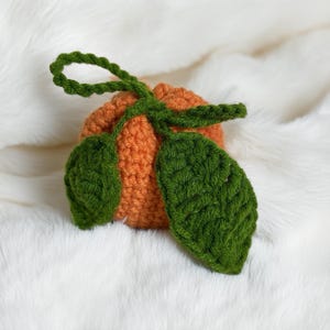 May include: A crocheted orange pouch with green leaves and a stem. The pouch is a vibrant orange color, and the leaves and stem are a deep green. The pouch is sitting on a white, fluffy surface.