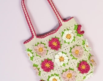 Handmade Crochet Flower Tote: Granny Square Cotton Shoulder Bag