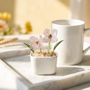 以下が含まれることがあります： 淡いピンク色の半透明な花びら、緑色の茎、小さな茶色の中心部を持つ2つのガラス製の花が入った、明るい色の砂利が敷き詰められた小さな白い四角いプランター。大理石のトレイの上に置かれた白いセラミック製のマグカップの隣にあります。