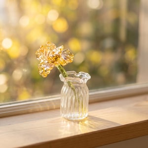 Puede incluir: Un florero de vidrio transparente con un diseño de costillas verticales y un borde ondulado. Dentro del florero hay una sola flor de vidrio de color ámbar hecha a mano, con pétalos delicados y un tallo delgado de vidrio de color verde.