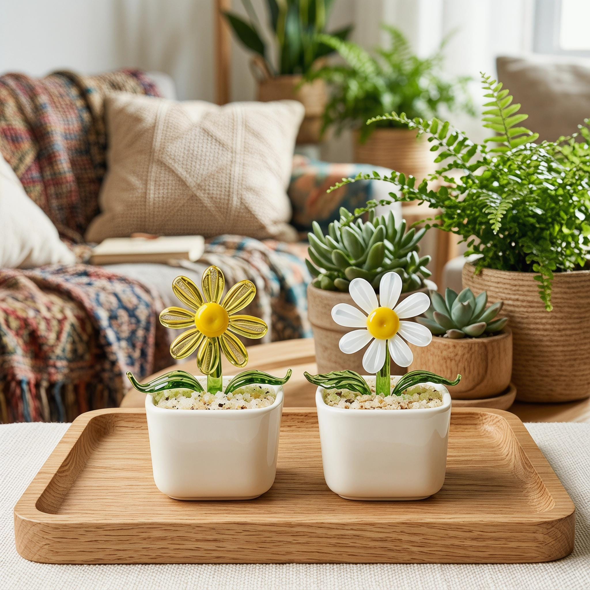 Glass Daisy Potted Decor, Mini Flower Desk Decor, Cute Floral Gift for Her, Cottagecore Home Accent