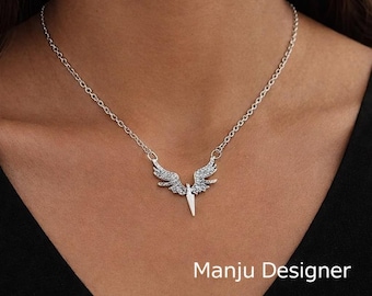 Collar de alas de ángel, colgante de alas de ángel de acero de titanio, collar de alas de cristal CZ, joyería de ángel de la guarda, regalo para ella y él