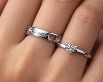 Couple Rings Set, Matching Promise Rings, Forever Love Rings, Heart Cutout Ring Set, Sterling Silver Couples Jewelry, Adjustable Couple ring