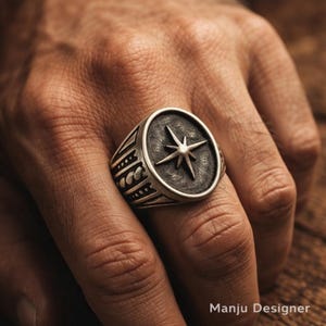 Star Signet Ring for Men, Celestial Compass Ring, Vintage Style Metal Ring, Minimalist Star Jewelry, Unisex Statement Ring, Gift for Him
