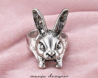 Silber Kaninchen Ring, Kaninchen Statement Ring, verstellbarer Tier Ring, niedlichen Tier Schmuck, einzigartige Kaninchen Geschenk, Vintage Ring, Häschen-Liebhaber-Geschenk