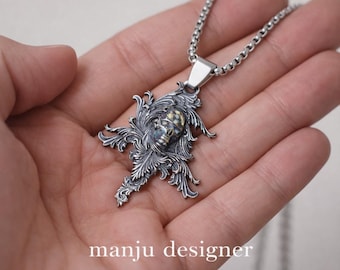 Gothic Skull Pendant Necklace, Vintage Baroque Cross Jewelry, Silver Gothic Chain, Punk Aesthetic Accessory