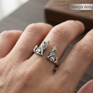 Bague loup hurlant en argent sterling 925, bague couple loup réglable, anneau ouvert double loup, bague esprit animal, bijoux nature bohème