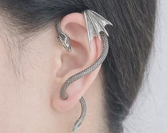 Dragon Ear Cuff Silber | Gothic Drachen Ohr wickeln | Ohrstecker | Fantasie Schmuck | Statement Ohrmanschette