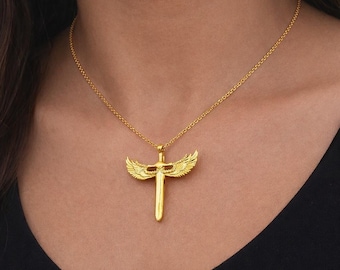 Winged Sword Pendant Necklace, Angel Wing Sword Jewelry, Gothic Protection Amulet, Silver or Gold Sword Necklace, Unisex Fantasy Gift