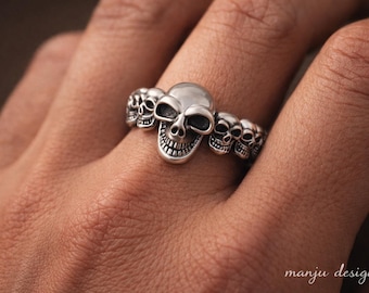 Skull Adjustable Ring for Men, Silver Gothic Skull Band, Punk Biker Statement Ring, Unisex Halloween Jewelry