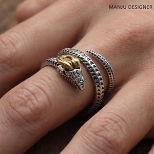 Two Tone Snake Ring, Adjustable Serpent Wrap Ring, Gothic Cobra Statement Jewelry, Gold Accent Snake Ring, Copper  Snake Ring, Unisex Gift