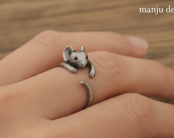 Anello a forma di topo carino - Anello avvolgente a forma di animale, gioiello regolabile in argento con topo, regalo per lei, anello per amanti degli animali, anello unico e stravagante, anello rustico