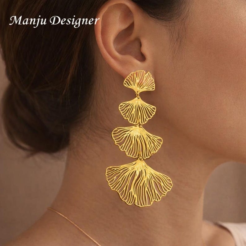Elegant Ginkgo Leaf Earrings Silver & Gold-Plated ,Lightweight Statement Jewelry ,Unique Nature-Inspired Design, Perfect for Gift Giving image 1